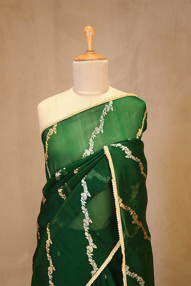 Green Organza Silk Saree with Gold-Silver Zari Stripes