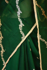 Green Organza Silk Saree with Gold-Silver Zari Stripes