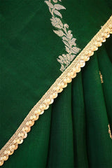 Green Organza Silk Saree with Gold-Silver Zari Stripes