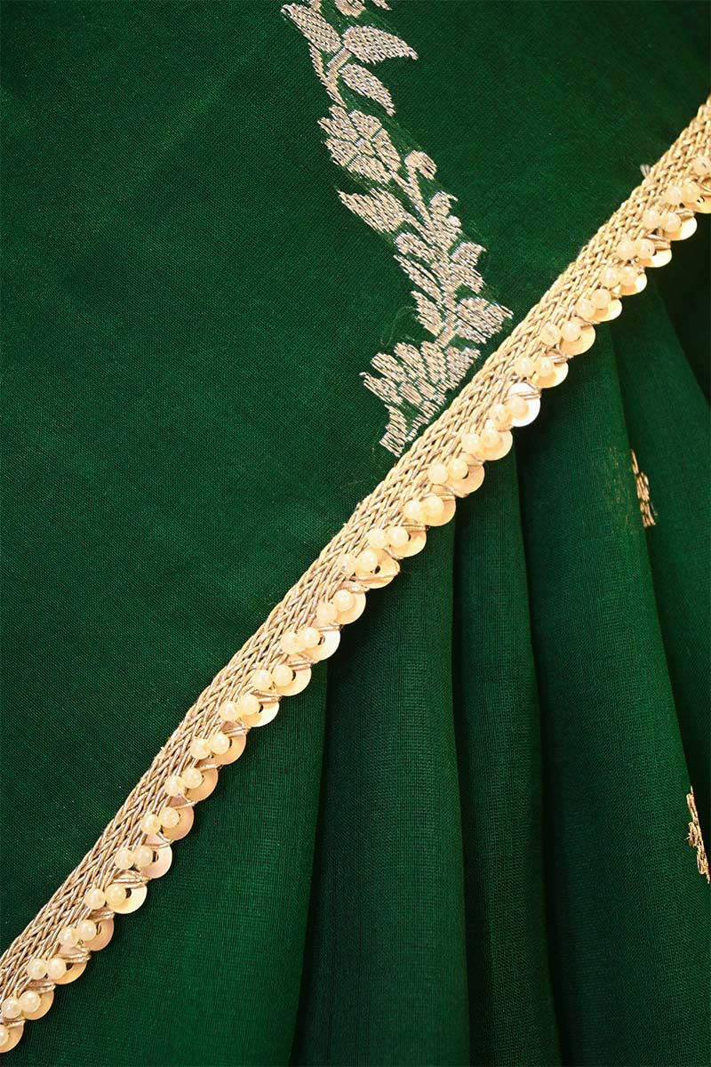 Green Organza Silk Saree with Gold-Silver Zari Stripes