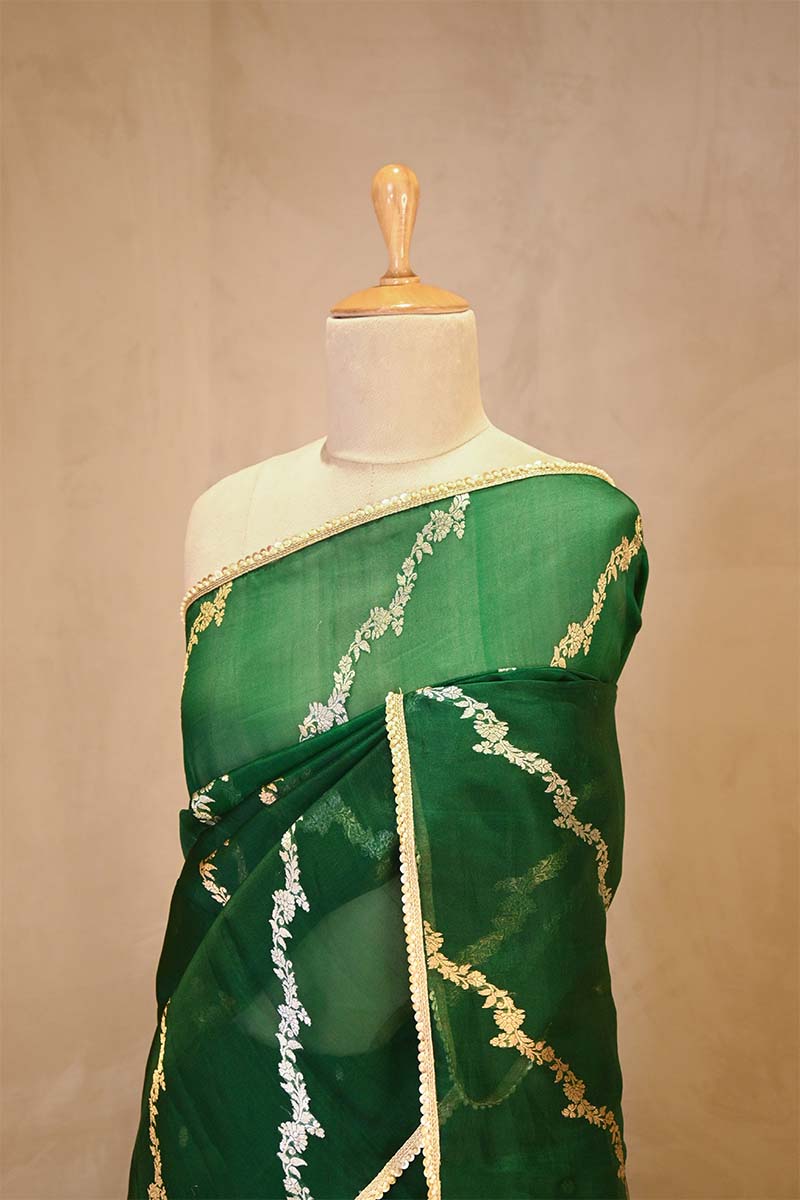 Green Organza Silk Saree with Gold-Silver Zari Stripes
