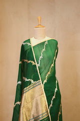 Green Organza Silk Saree with Gold-Silver Zari Stripes