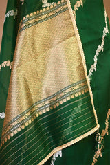Green Organza Silk Saree with Gold-Silver Zari Stripes