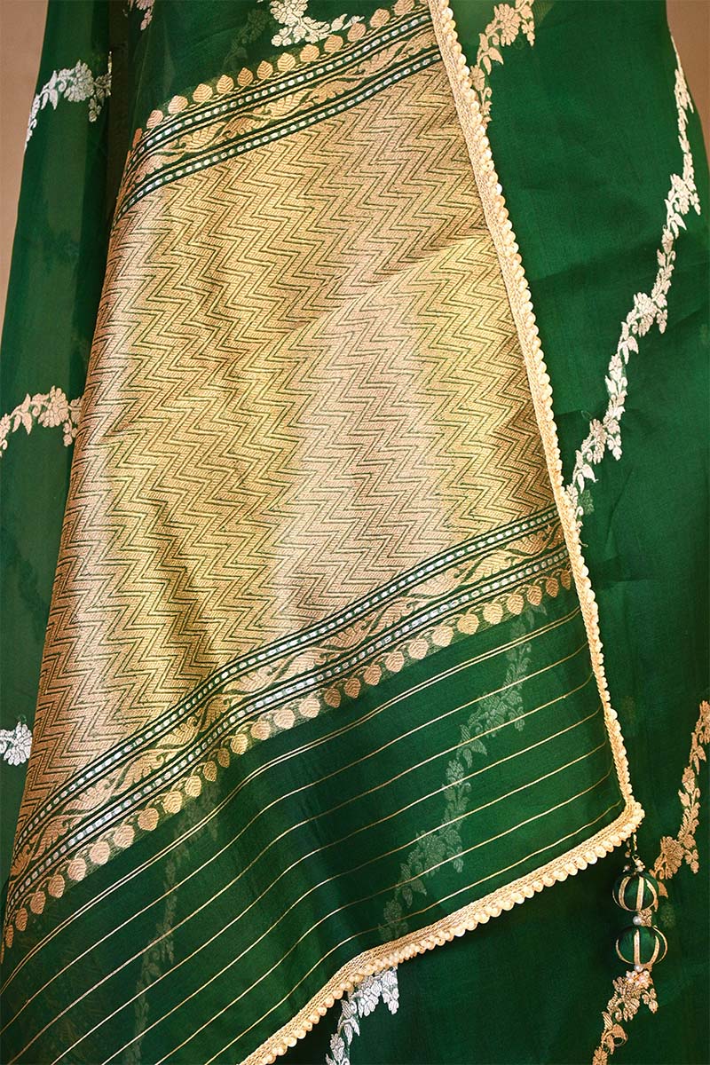 Green Organza Silk Saree with Gold-Silver Zari Stripes