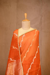 Orange Organza Silk Saree with Gold-Silver Zari Stripes