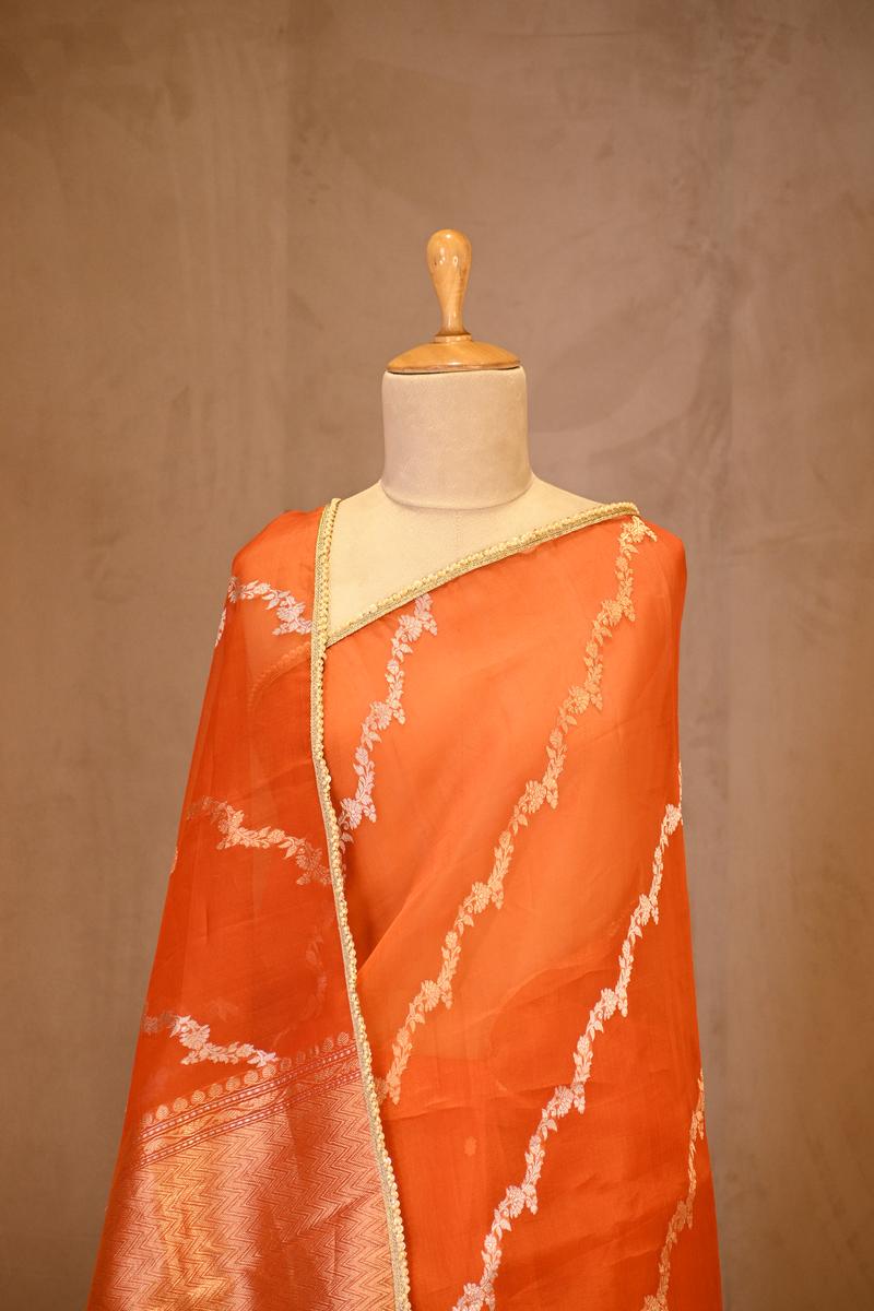 Orange Organza Silk Saree with Gold-Silver Zari Stripes