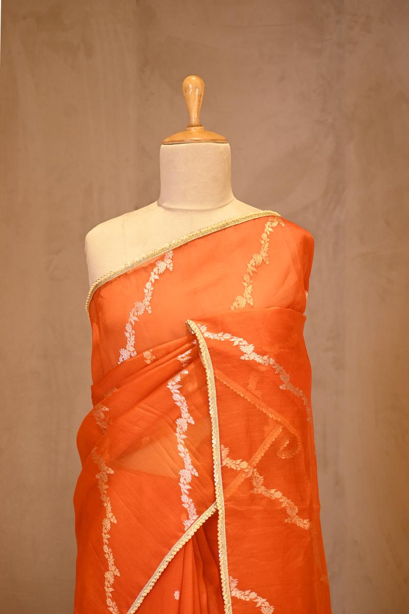 Orange Organza Silk Saree with Gold-Silver Zari Stripes