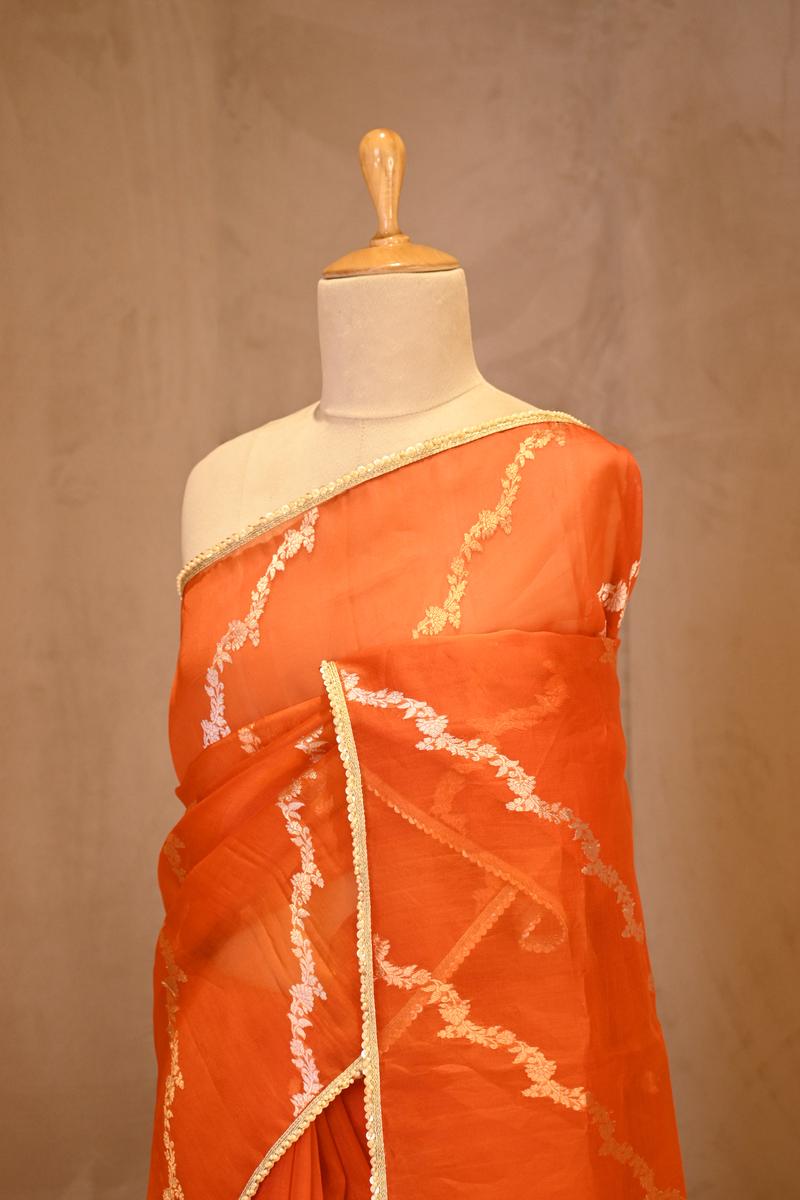 Orange Organza Silk Saree with Gold-Silver Zari Stripes