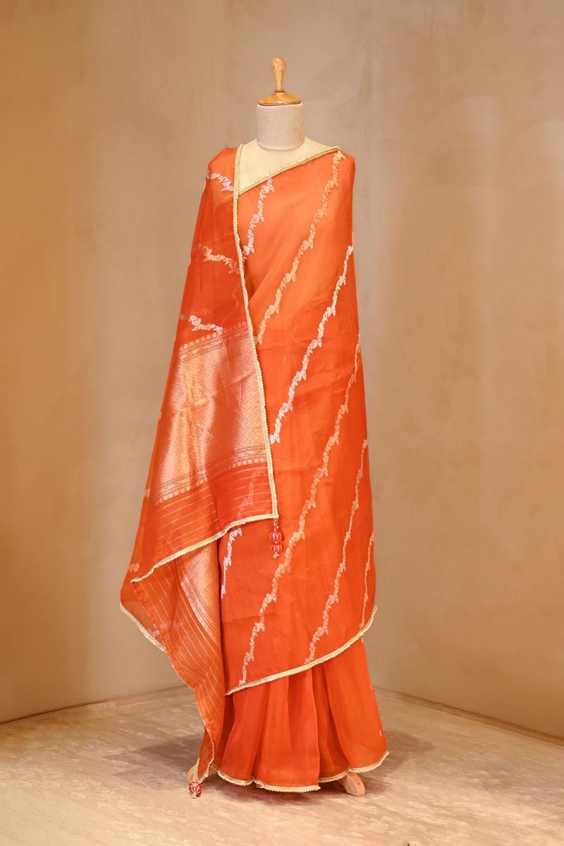 Orange saree, organza saree, Bollywood saree, Banarasi saree, party wear saree, Wedding Saree