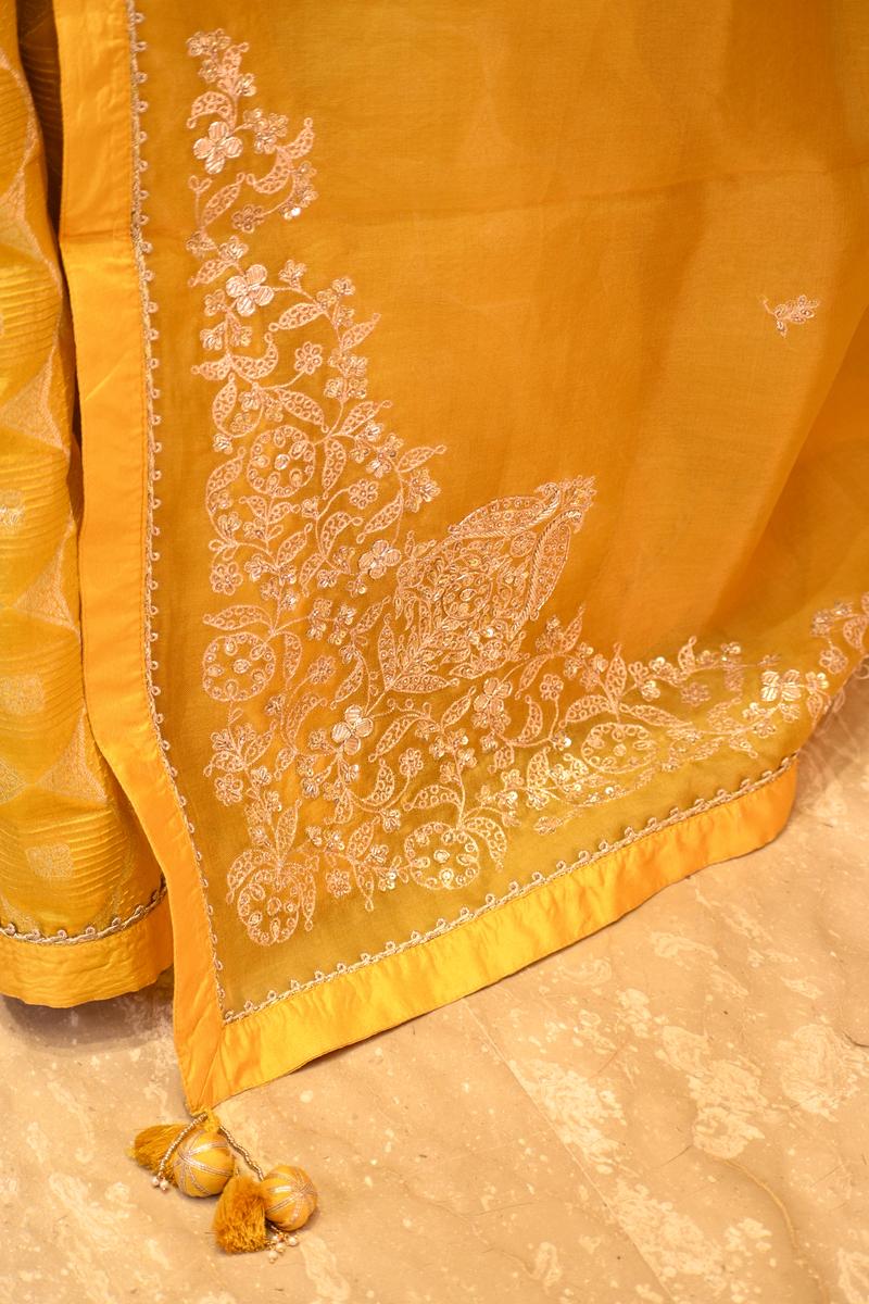 Yellow Organza Silk Saree with Zardozi Konia Pallu