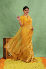 Yellow Organza Silk Saree with Zardozi Konia Pallu