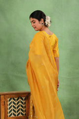 Yellow Organza Silk Saree with Zardozi Konia Pallu