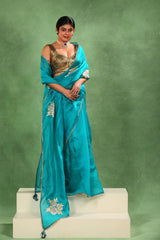 Sky Blue Organza Silk Saree with Gota Patti Floral Work