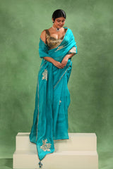 Sky Blue Organza Silk Saree with Gota Patti Floral Work