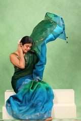 Women wearing Green and Blue Shaded Organza Silk Saree showing Aari work buti and Pichwai design border with dori work.