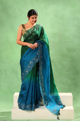 Green and Blue Shaded Organza Silk Saree with Pichwai Dori Work