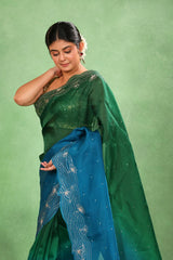 Green and Blue Shaded Organza Silk Saree with Pichwai Dori Work