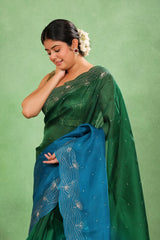 Green and Blue Shaded Organza Silk Saree with Pichwai Dori Work