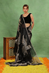 Black Half n Half Organza Silk Saree with Applique Work