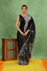 Black Half n Half Organza Silk Saree with Applique Work