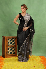 Black Half n Half Organza Silk Saree with Applique Work