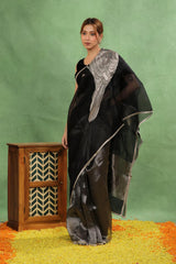 Black Half n Half Organza Silk Saree with Applique Work