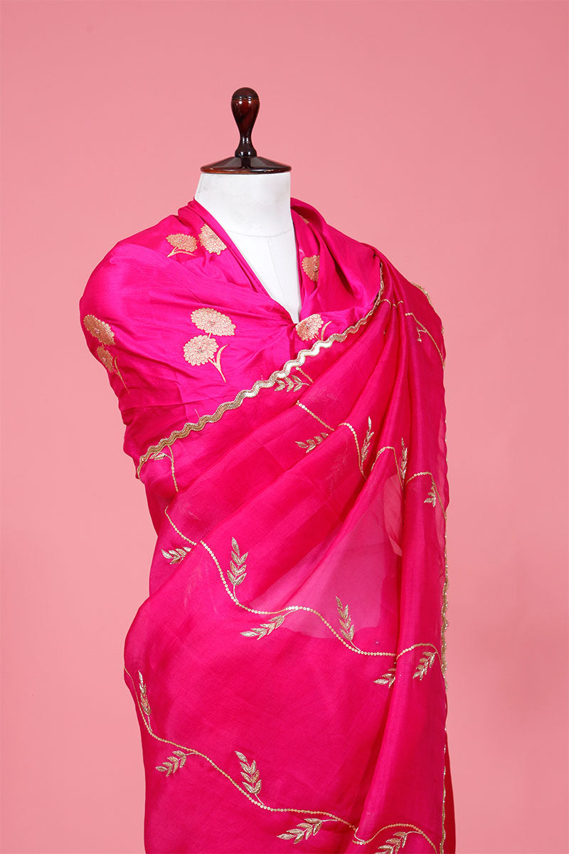 Fuchsia Pink Embellished Organza Silk Saree