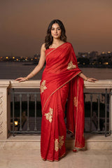 Red Organza Silk Saree with Gota Patti Floral Work