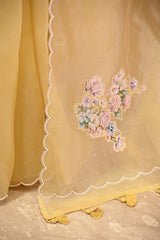 Butter Yellow Organza Silk Saree with Floral Applique and Bead Work