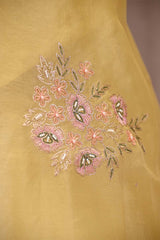 Butter Yellow Organza Silk Saree with Floral Applique and Bead Work
