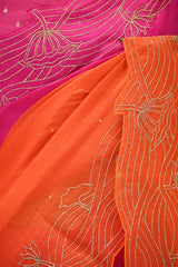 Orange Pink Shaded Organza Silk Saree with Aari & Pichwai Work