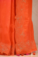Orange Pink Shaded Organza Silk Saree with Aari & Pichwai Work