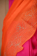 Orange Pink Shaded Organza Silk Saree with Aari & Pichwai Work