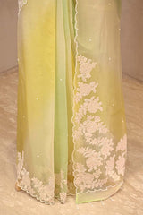 Pastel Yellow Green Organza Saree with Floral Applique