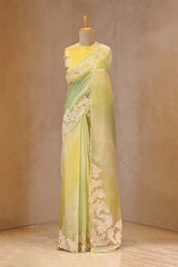 Pastel Yellow Green Organza Saree with Floral Applique