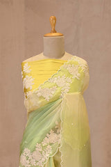 Pastel Yellow Green Organza Saree with Floral Applique