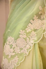 Pastel Yellow Green Organza Saree with Floral Applique