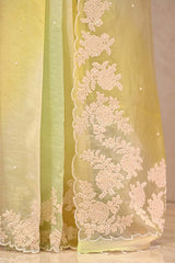 Pastel Yellow Green Organza Saree with Floral Applique