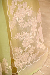 Pastel Yellow Green Organza Saree with Floral Applique