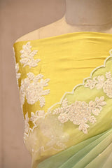 Pastel Yellow Green Organza Saree with Floral Applique