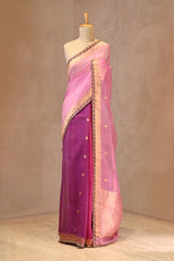 Baby Pink and Magenta shaded Banarasi organza silk saree with gold zari buti and lace border