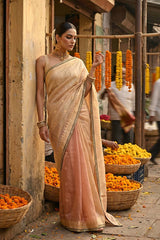 Beige and Caramel Brown Shaded Banarasi Organza Silk Saree