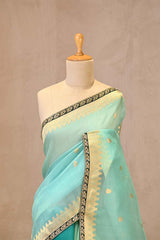 Turquoise and mint green 3D Shaded Banarasi Organza Silk Saree
