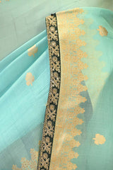 Turquoise and mint green 3D Shaded Banarasi Organza Silk Saree