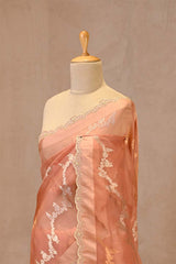 Rust Peach Kora Organza Silk Saree with Gold & Silver Zari Leheriya