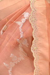 Rust Peach Kora Organza Silk Saree with Gold & Silver Zari Leheriya