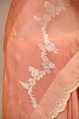 Rust Peach Kora Organza Silk Saree with Gold & Silver Zari Leheriya