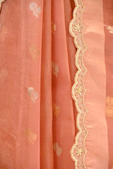 Rust Peach Kora Organza Silk Saree with Gold & Silver Zari Leheriya