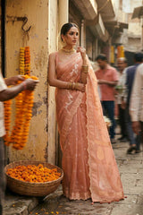 Rust Peach Kora Organza Silk Saree with Gold & Silver Zari Leheriya