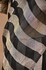 Black Organza Silk Saree with Silver Zari Stripes & Tassel Pallu